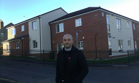 Cllr Cahal Burke welcomes he new affordable "Excellent Homes for Life" homes built at the Willwood Avenue site in Oakes