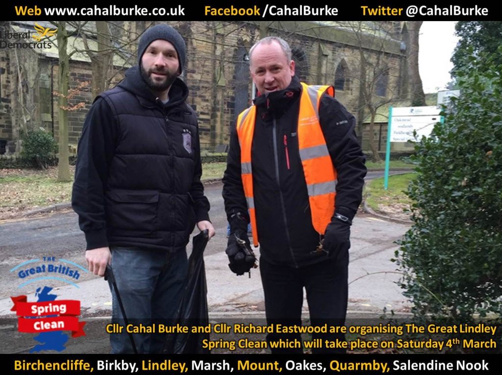 Cllr Cahal Burke and Cllr Richard Eastwood organising great Lindley spring clean